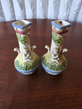 Pair Vintage Capo di Monte Simulated Cherub Bud Vases Candle Holders Made in Jap